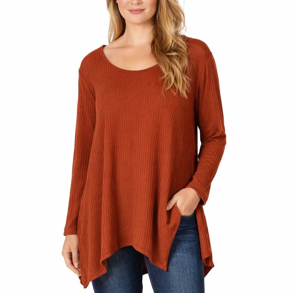 Sonoma Rust Waffle Knit Tunic Top Asymmetrical Hem Cozy Boho